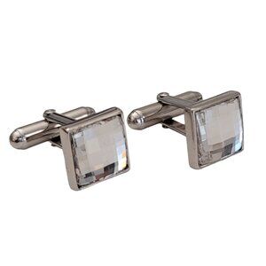 Swarovski Swan Logo Silver-Tone Square Faceted Clear Crystal Cufflinks K288